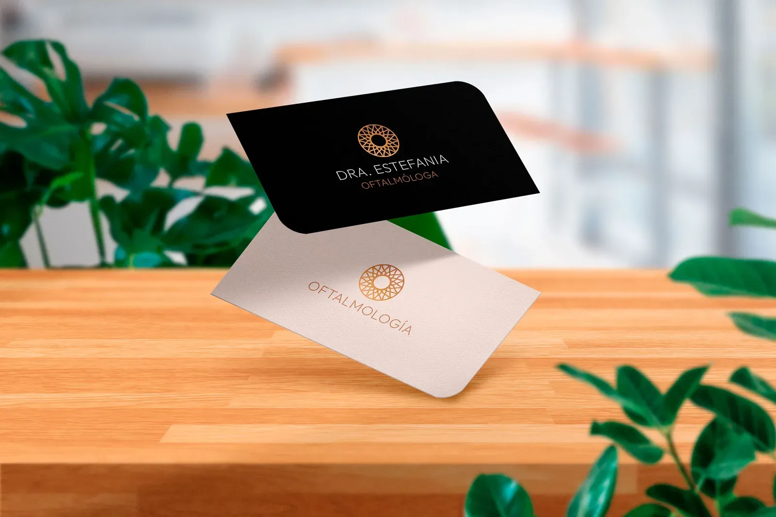 Logotipo y tarjetas de presentación de la Dra. Estefanía, oftalmóloga, en negro y dorado